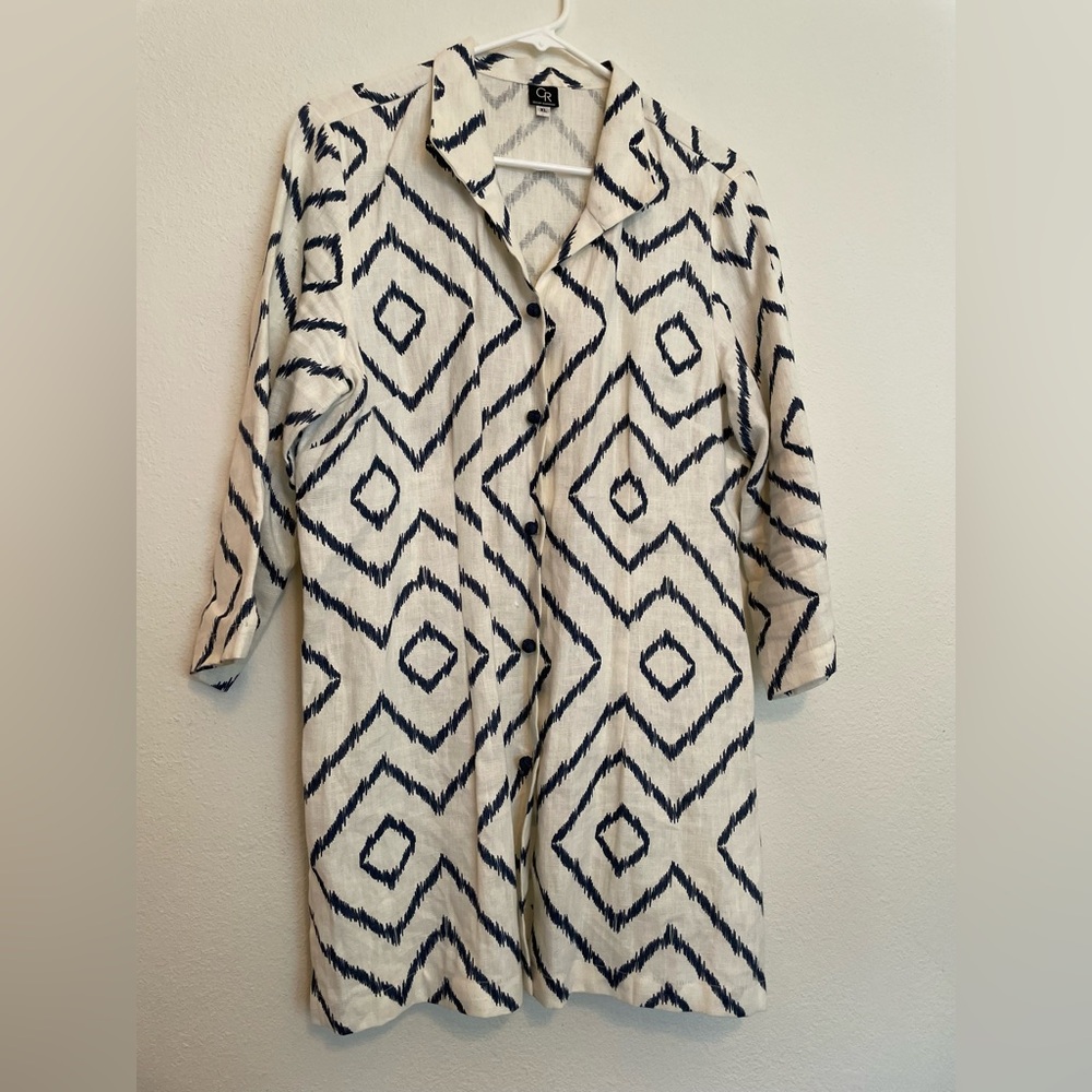 Connie Roberson Navy And White Linen Jacket/Top With French Knot Closure Size XL